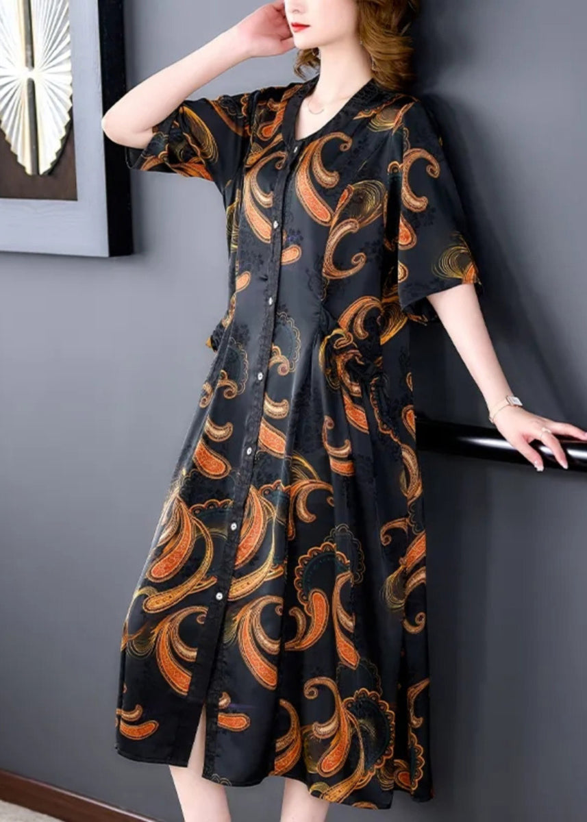 V-NECK LAYERED SILK PRINT MAXI DRESS