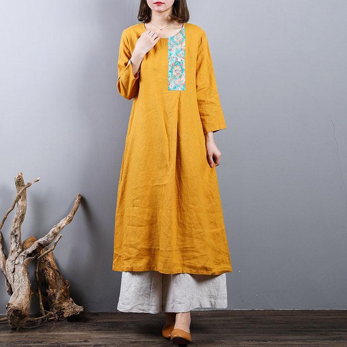 Elegant yellow pure linen dresses plus size linen maxi dress o