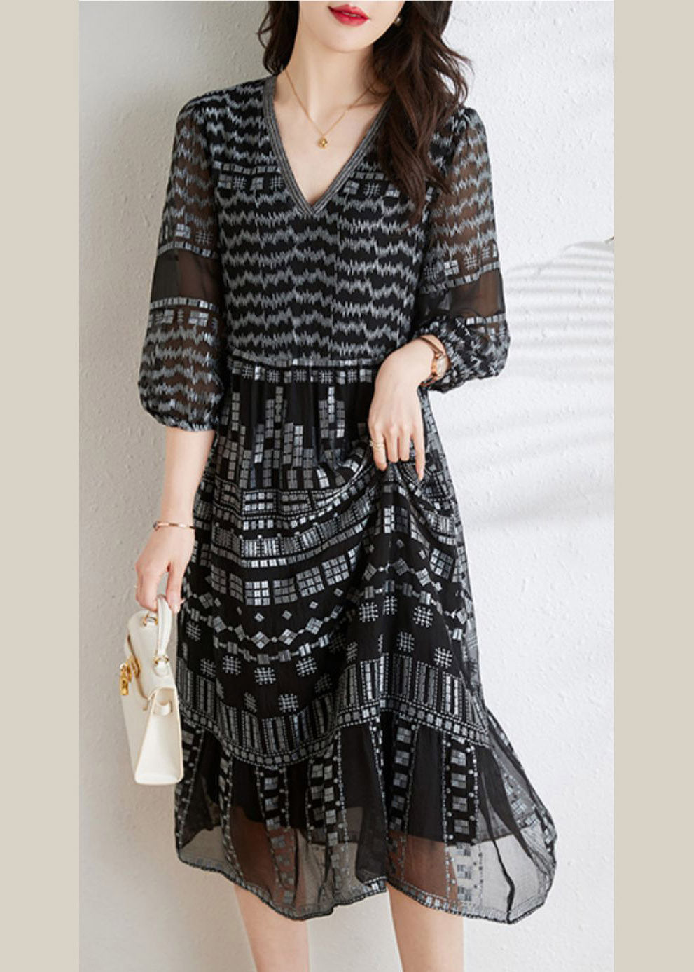 Fashion Black V Neck Print Slim Silk Long Dresses Spring