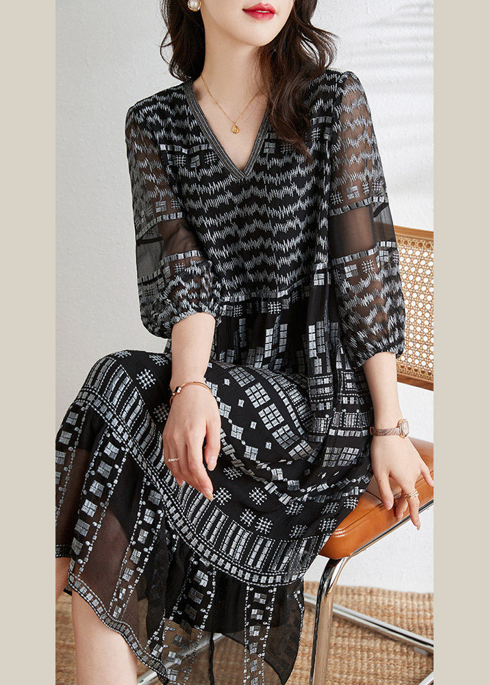 Fashion Black V Neck Print Slim Silk Long Dresses Spring