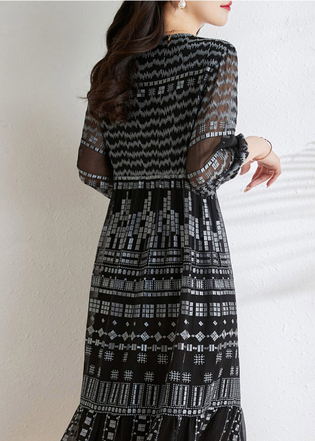Fashion Black V Neck Print Slim Silk Long Dresses Spring