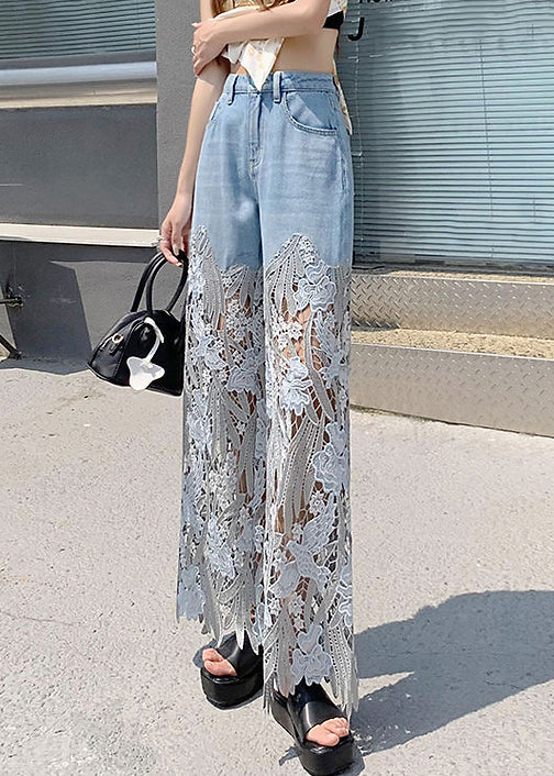 Mid blue denim hollow out wide leg Pants main image 1