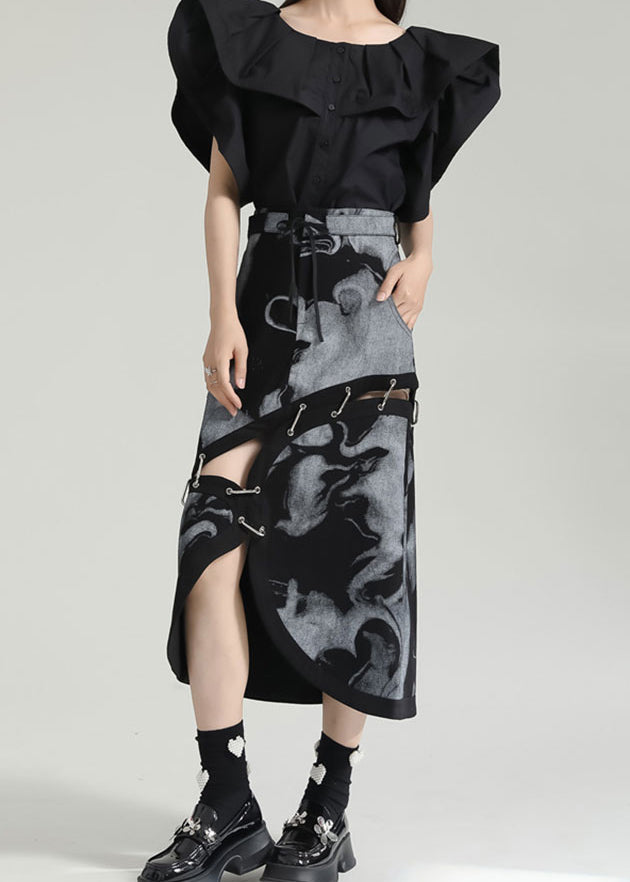 Fashion Grey Asymmetrical Print Pockets Patchwork Cotton Skirt Fall