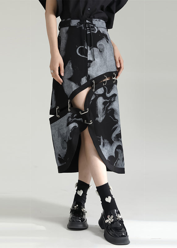Fashion Grey Asymmetrical Print Pockets Patchwork Cotton Skirt Fall