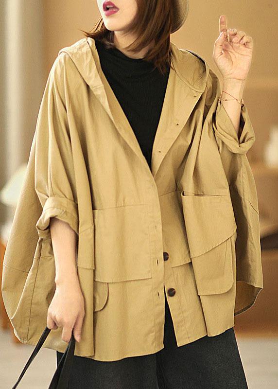 Fashion Khaki Bat wing Sleeve Patchwork Casual Fall Hooded Coat - Omychic