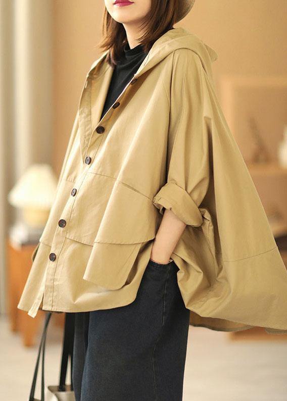 Fashion Khaki Bat wing Sleeve Patchwork Casual Fall Hooded Coat - Omychic