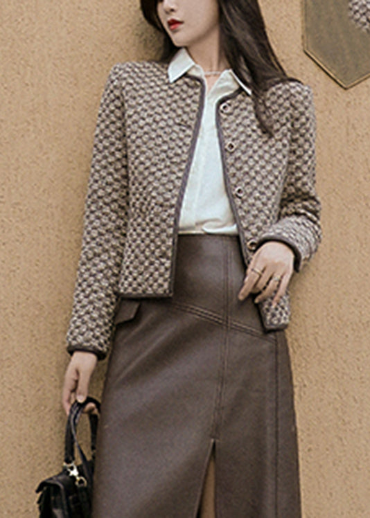 Fashion O-Neck Plaid Button Cotton Coat Long Sleeve