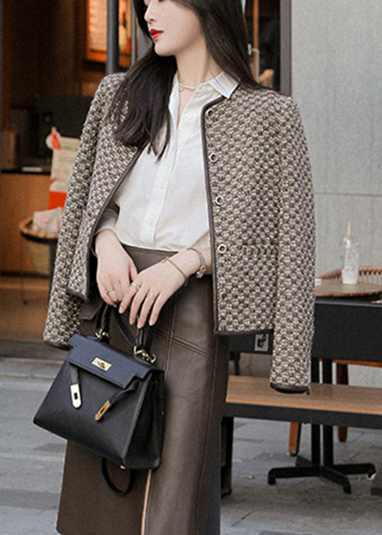 Fashion O-Neck Plaid Button Cotton Coat Long Sleeve
