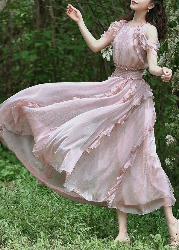 Fashion Pink Ruffled Patchwork Cold Shoulder Chiffon Dress Summer