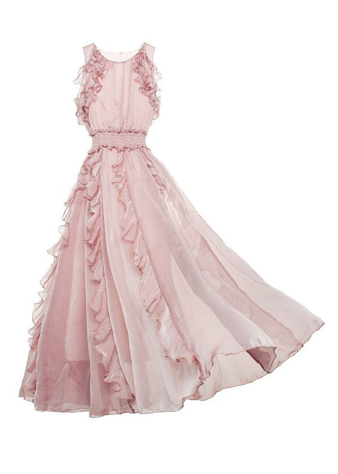 Fashion Pink Ruffled Patchwork Cold Shoulder Chiffon Dress Summer