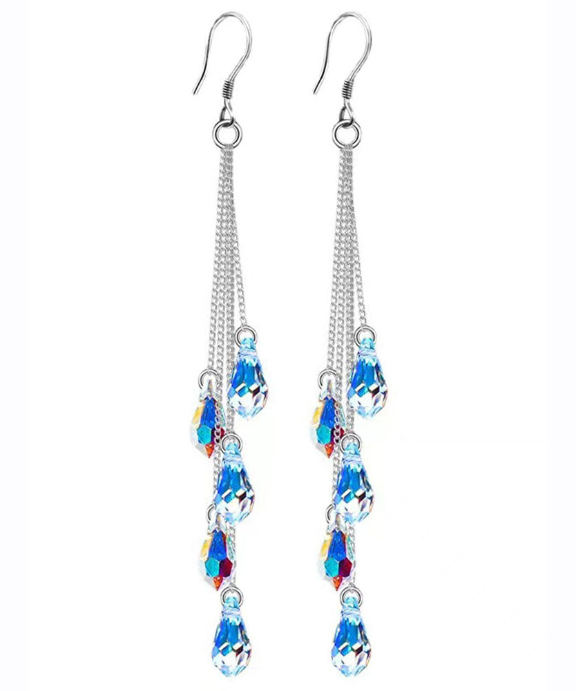 Fashion Rainbow Sterling Silver Crystal Tassel Drop Earrings