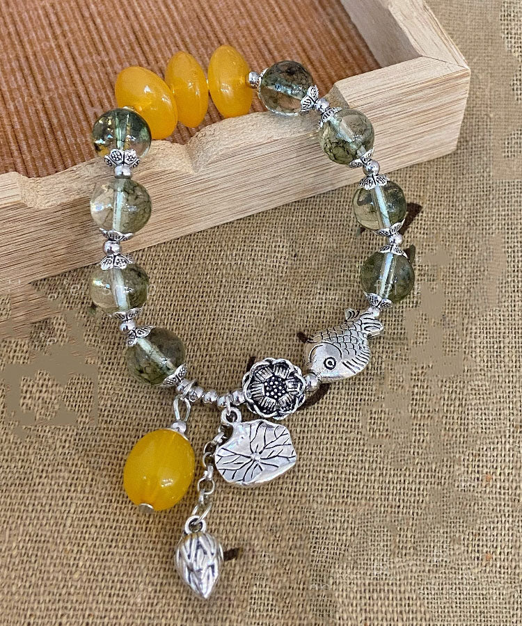 Fashion Silk Sterling Silver Crystal Little Fish Playing With Lotus Tassel Charm Bracelet