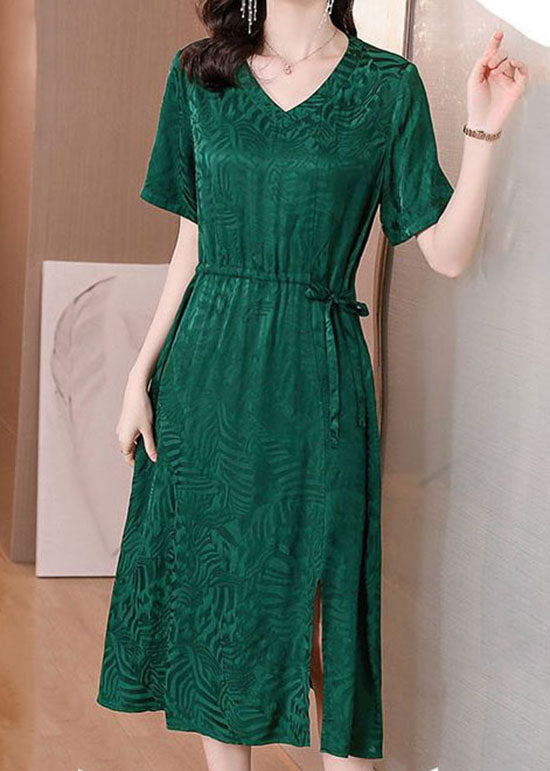 Fine Green V Neck Patchwork Drawstring Silk Mid Dress Summer