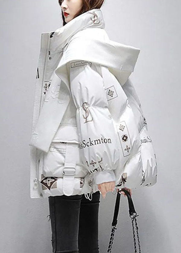 Fine White Hooded Letter Print Duck Down Puffer Jacket Winter