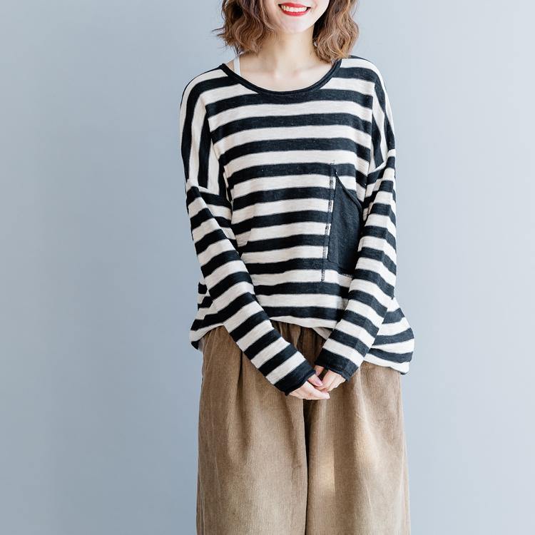 Fine black striped cotton tops Loose fitting cotton clothing blouses Elegant o neck big pockets natural cotton pullover - Omychic
