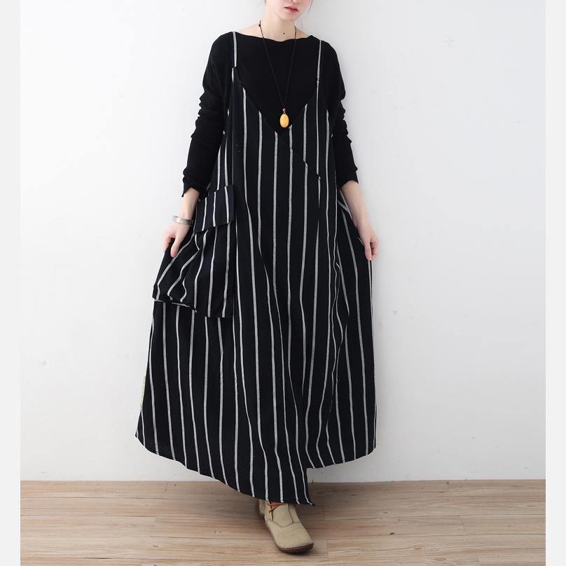 Fine black striped linen dresses trendy plus size big pockets