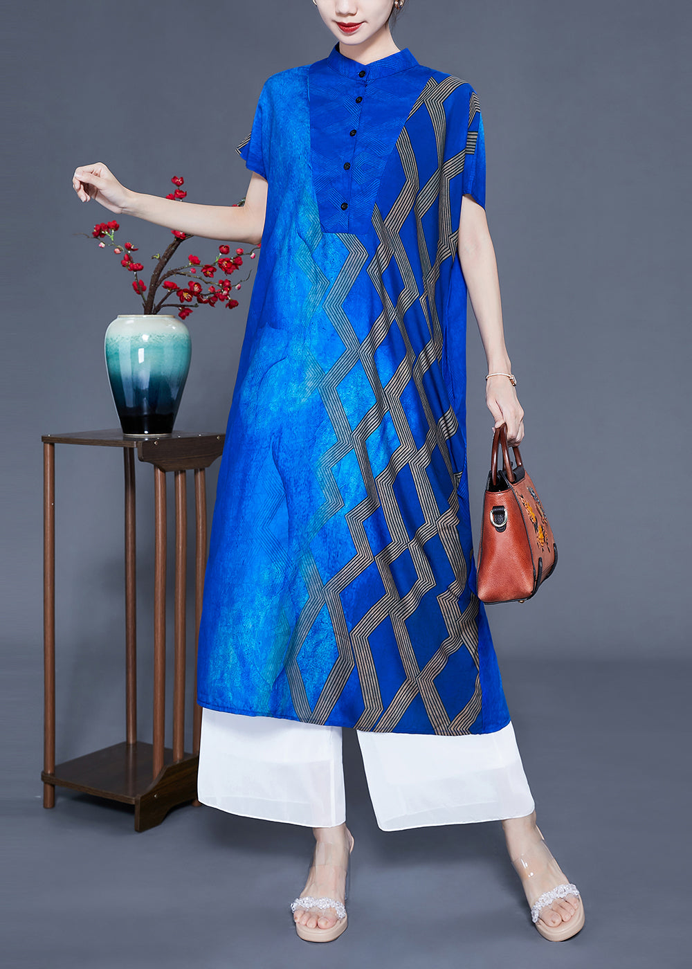 Fitted Blue Stand Collar Tie Dye Silk Maxi Dresses Summer