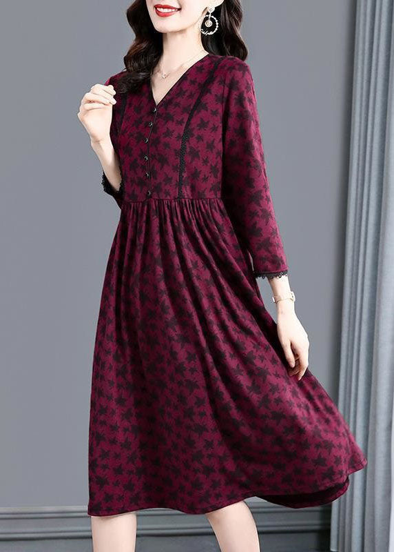 Fitted Brick Red V Neck Patchwork Print Cotton Dress Spring