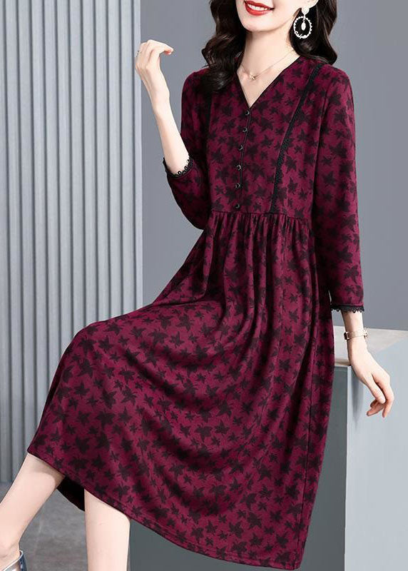 Fitted Brick Red V Neck Patchwork Print Cotton Dress Spring