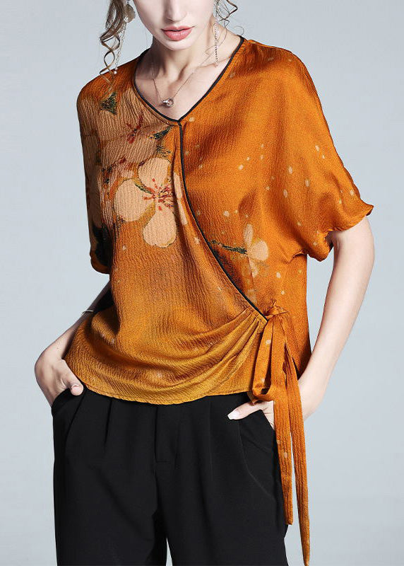 Fitted Orange V Neck Print Tie Waist Silk T Shirt Summer