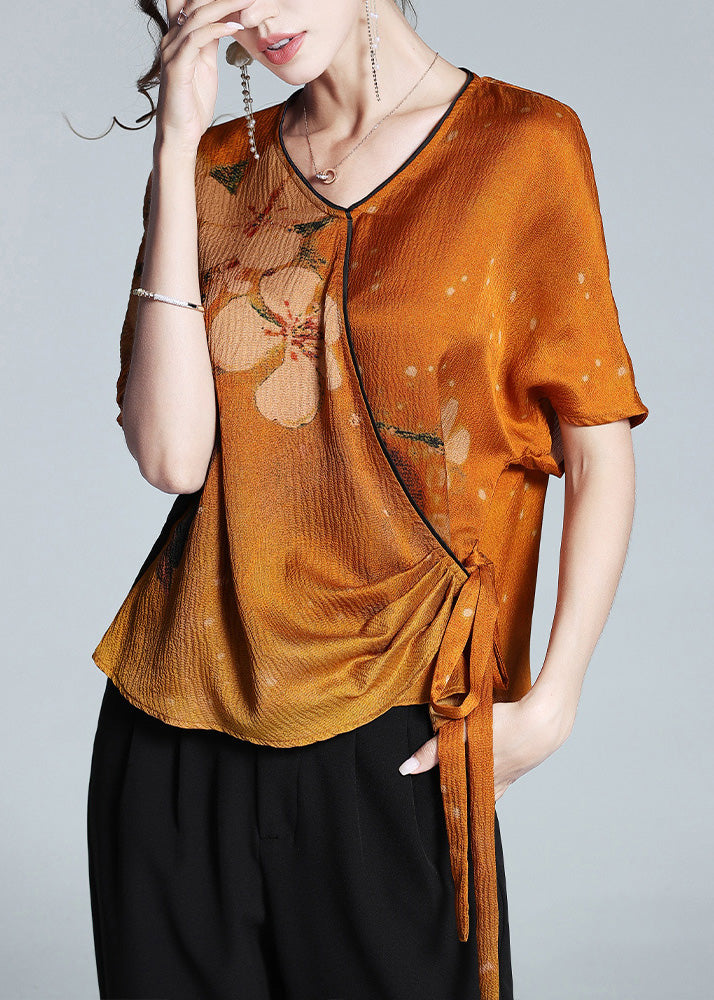 Fitted Orange V Neck Print Tie Waist Silk T Shirt Summer