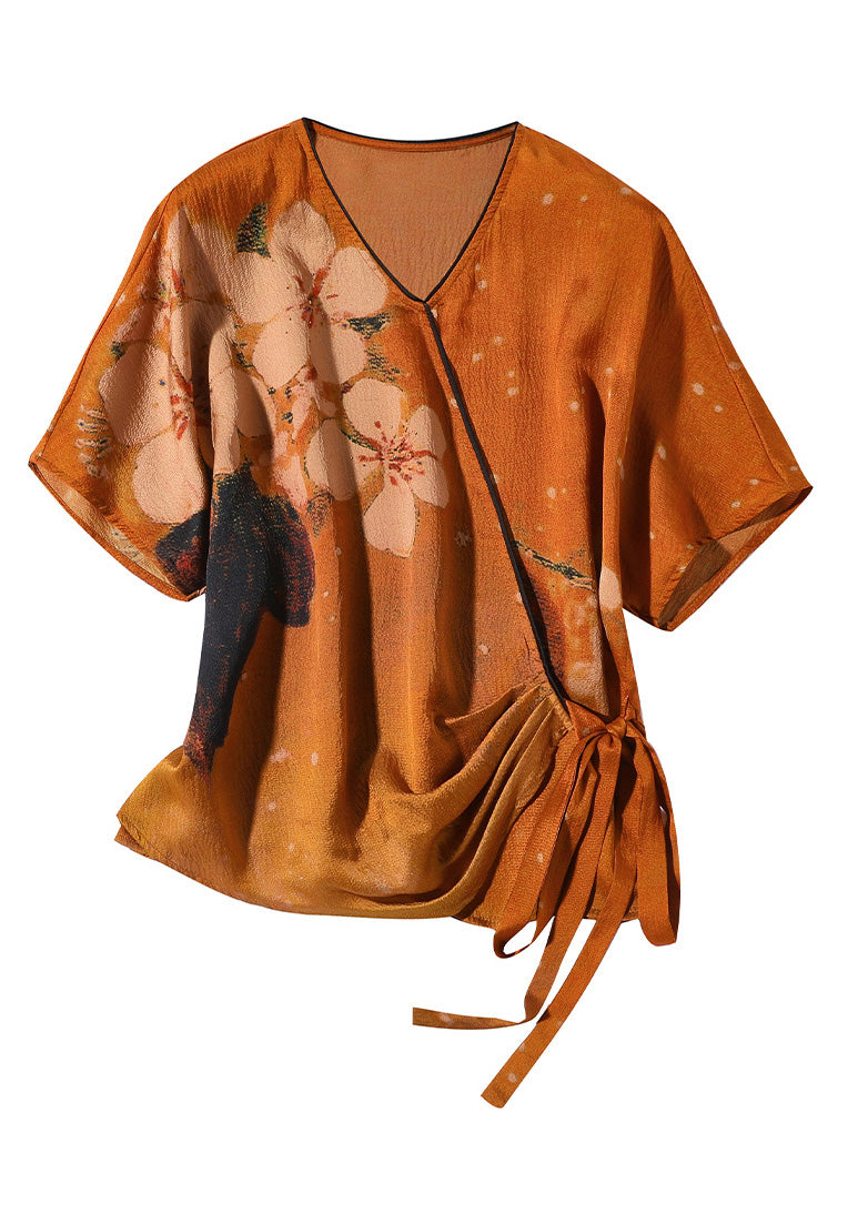 Fitted Orange V Neck Print Tie Waist Silk T Shirt Summer