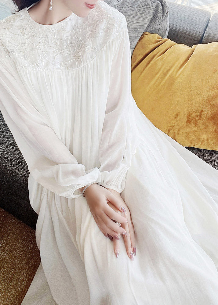 Fitted White O-Neck Embroidered Sequined Silk Maxi Dress Long Sleeve