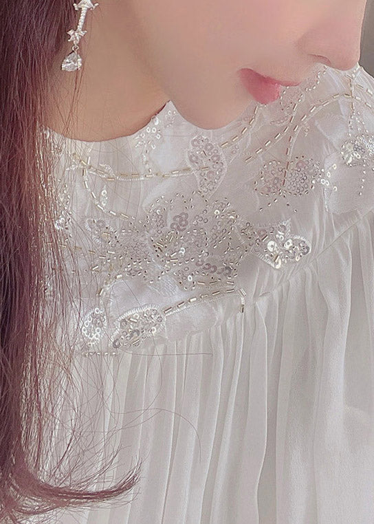 Fitted White O-Neck Embroidered Sequined Silk Maxi Dress Long Sleeve