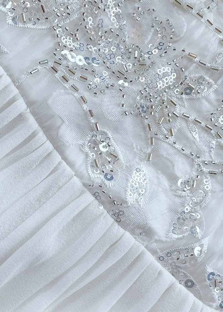 Fitted White O-Neck Embroidered Sequined Silk Maxi Dress Long Sleeve