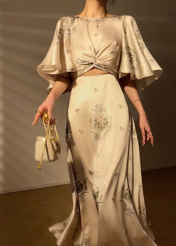 French Apricot O Neck Print Extra Large Hem Silk Dress Cloak Sleeves