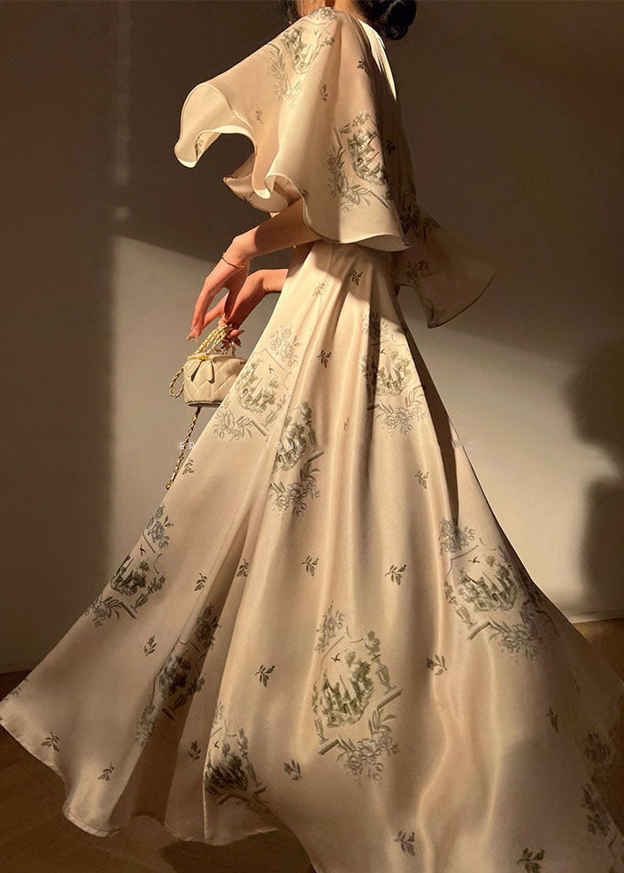 French Apricot O Neck Print Extra Large Hem Silk Dress Cloak Sleeves