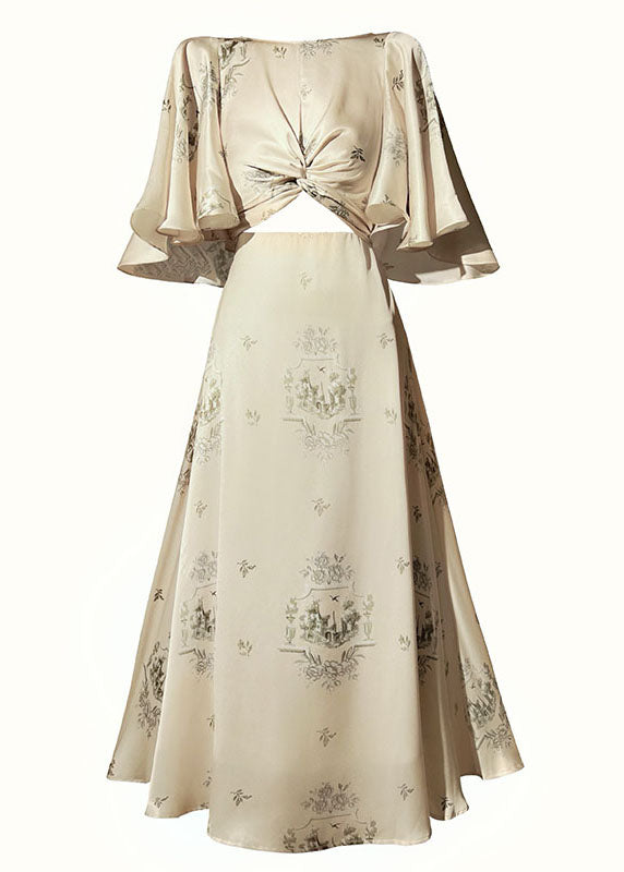 French Apricot O Neck Print Extra Large Hem Silk Dress Cloak Sleeves