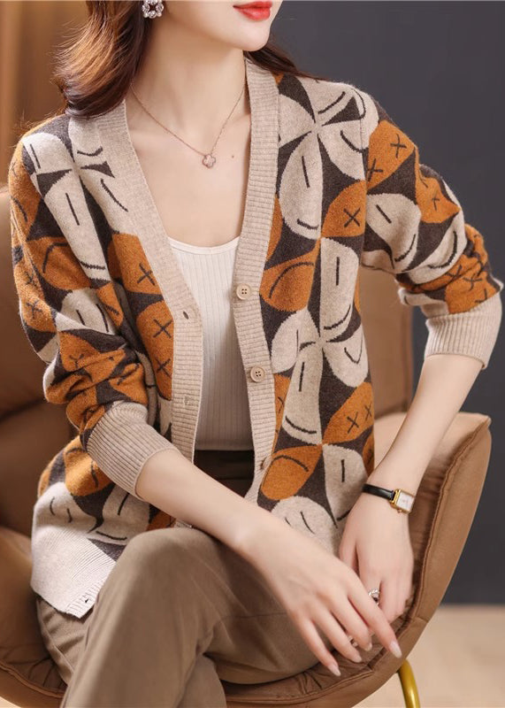 French Beige V Neck Button Patchwork Knit Cardigans Fall