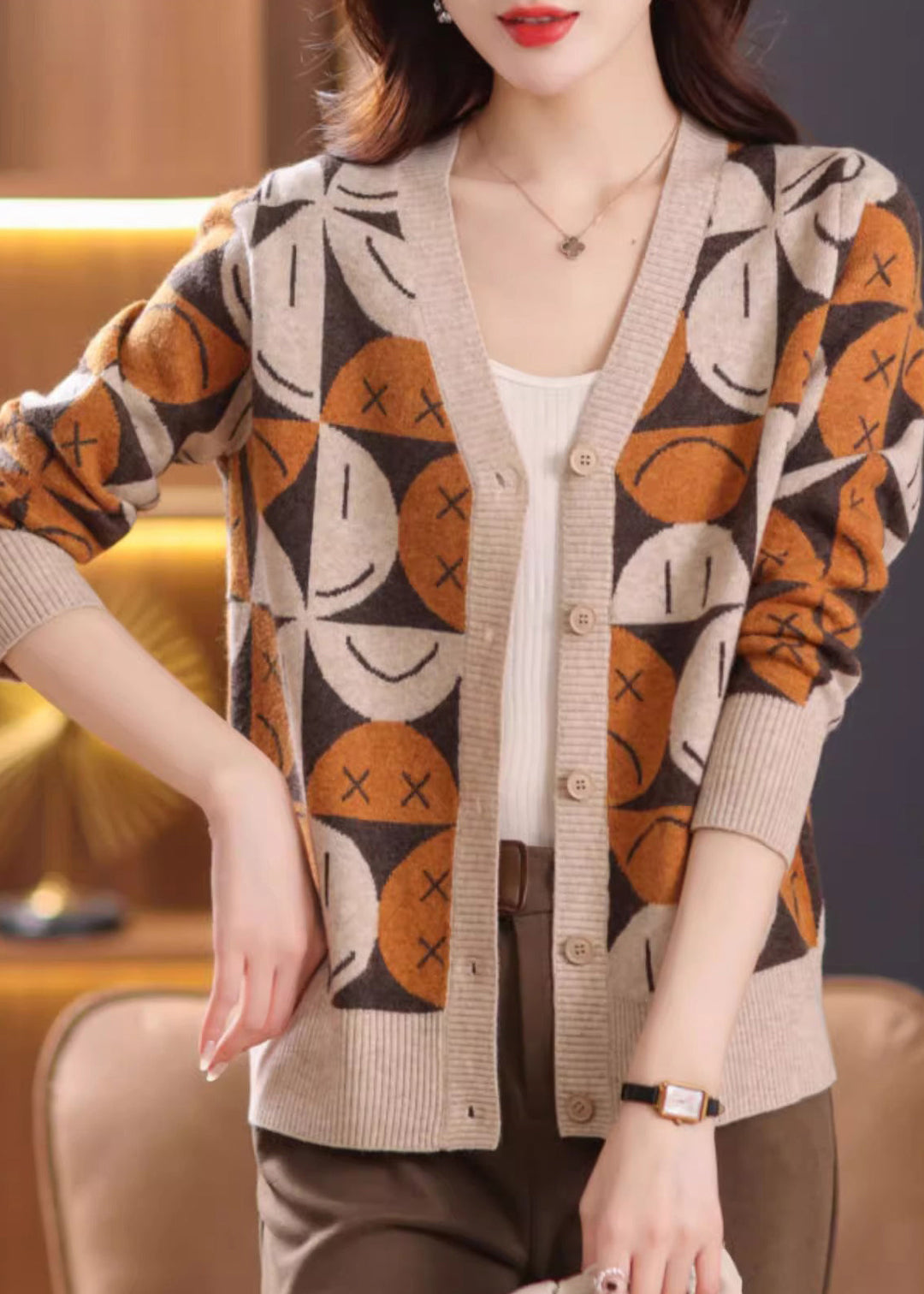 French Beige V Neck Button Patchwork Knit Cardigans Fall
