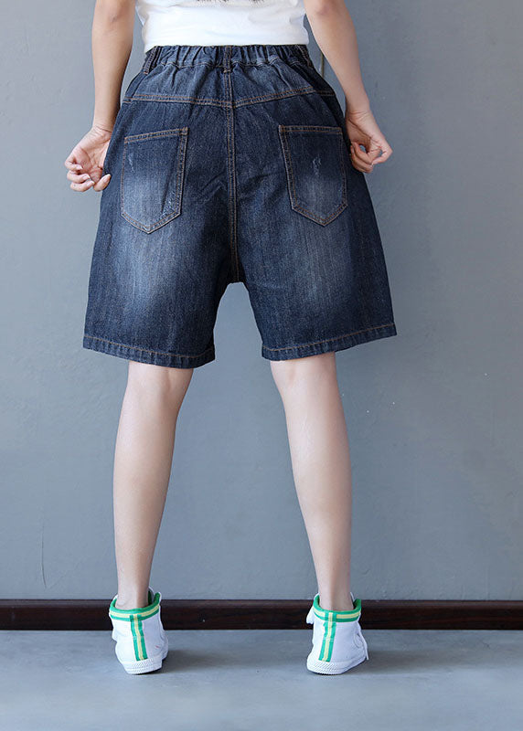 French Black Elastic Waist Cotton Straight Pants Shorts Summer