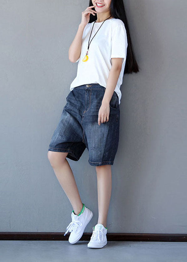 French Black Elastic Waist Cotton Straight Pants Shorts Summer