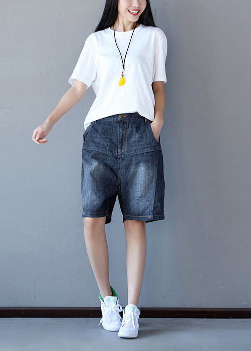 French Black Elastic Waist Cotton Straight Pants Shorts Summer