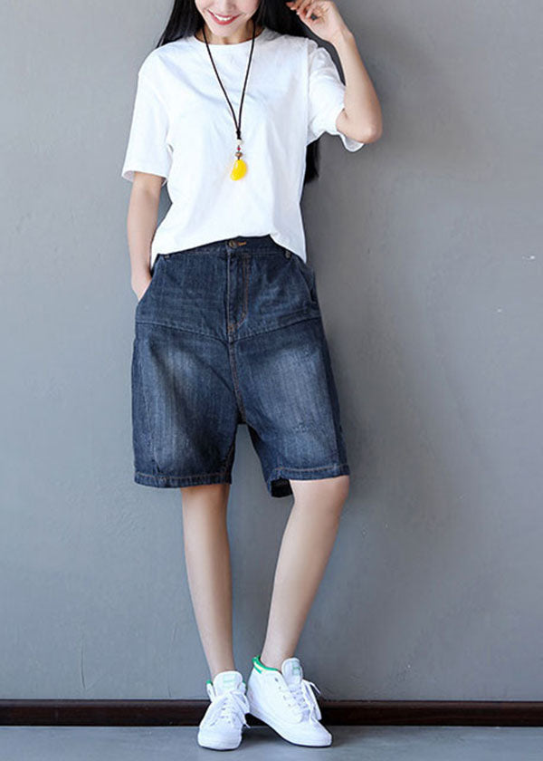 French Black Elastic Waist Cotton Straight Pants Shorts Summer