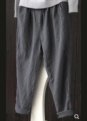 French Black Elastic Waist Linen Spring Pants - Omychic