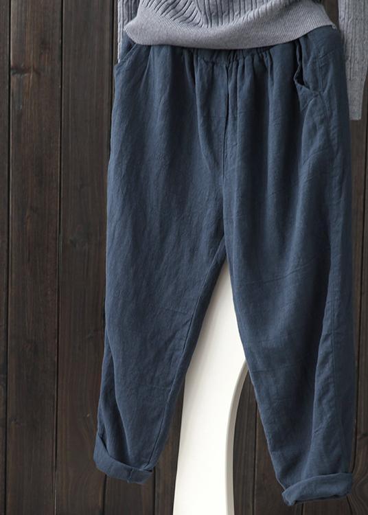 French Black Elastic Waist Linen Spring Pants - Omychic