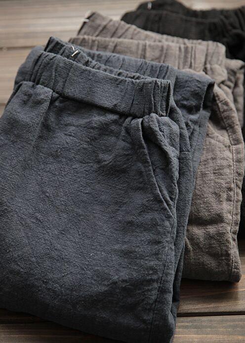 French Black Elastic Waist Linen Spring Pants - Omychic