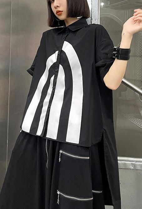 French Black Graphic Buttonlow high design Shirt Top - Omychic