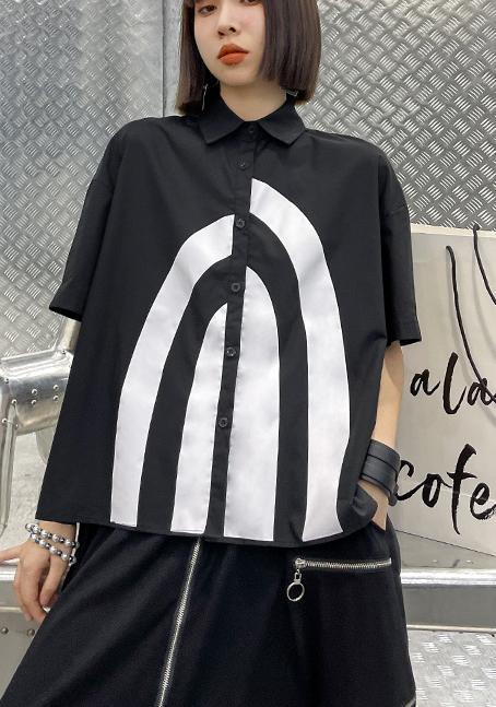 French Black Graphic Buttonlow high design Shirt Top - Omychic