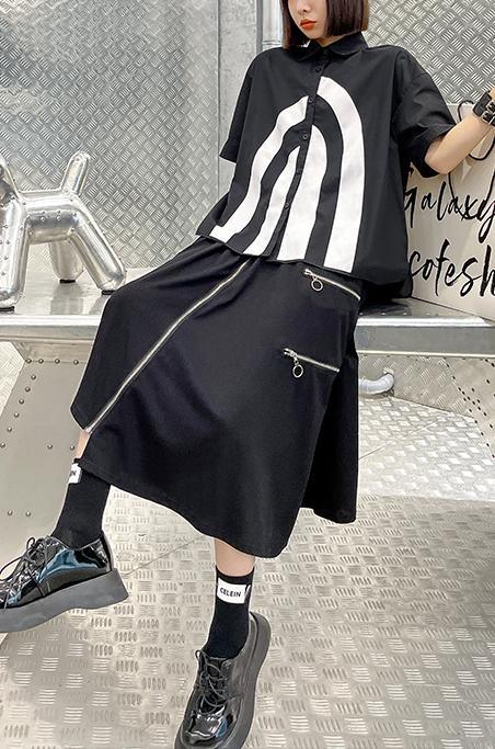 French Black Graphic Buttonlow high design Shirt Top - Omychic