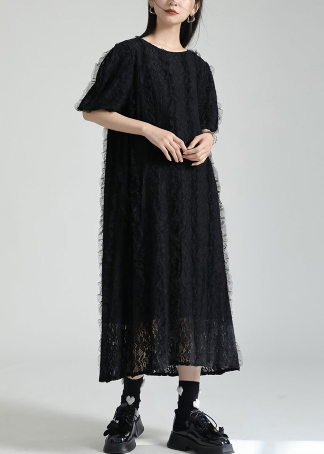 French Black O Neck Patchwork Lace Dresses Summer