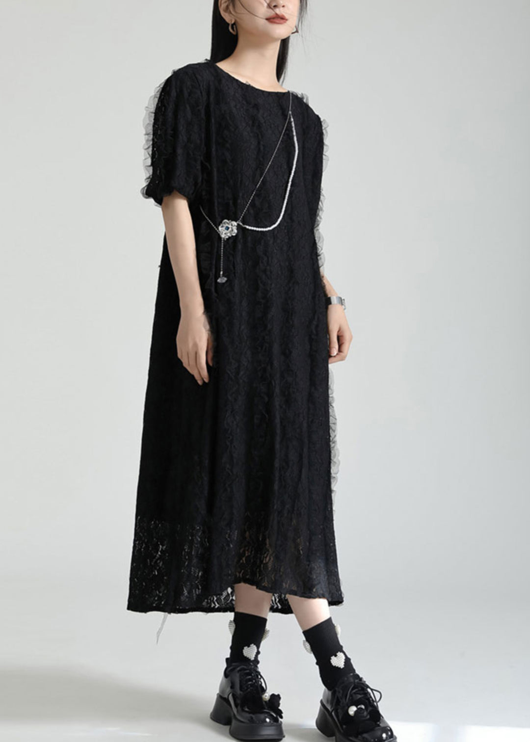 French Black O Neck Patchwork Lace Dresses Summer