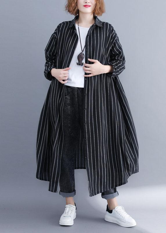 French Black Peter Pan Collar Button Pockets Striped Fall Long sleeve Shirt Top - Omychic