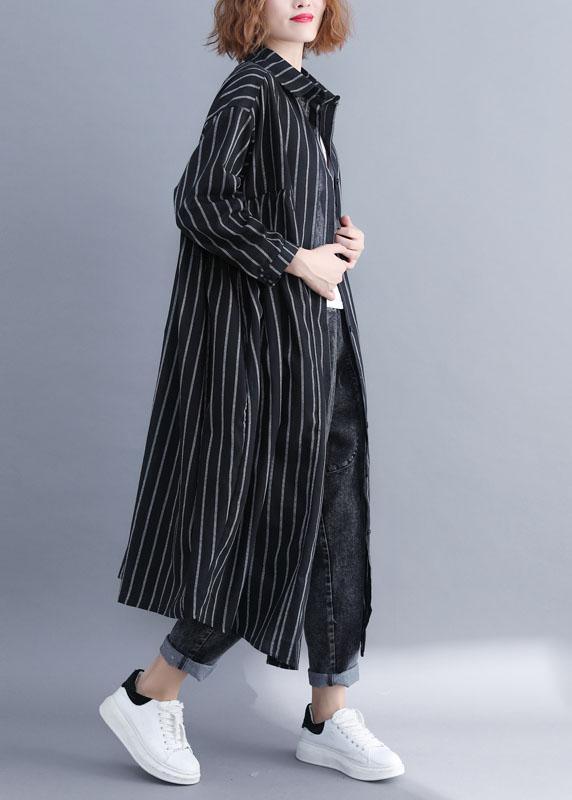 French Black Peter Pan Collar Button Pockets Striped Fall Long sleeve Shirt Top - Omychic