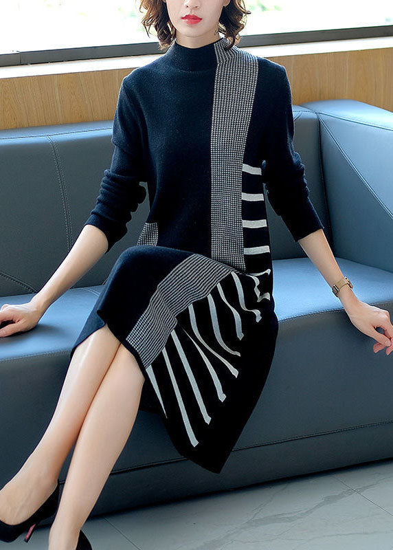 French Black Stand Collar Patchwork Striped Knit Sweater Dress Winter