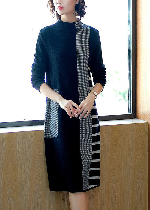 French Black Stand Collar Patchwork Striped Knit Sweater Dress Winter